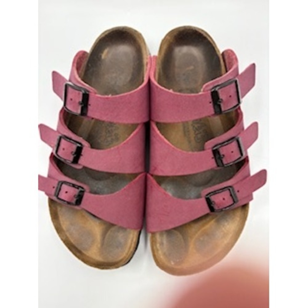Birki's Birkenstock Sandals 6.5 Burgundy Triple Strap Slide Comfort Gorpcore - Picture 3 of 7